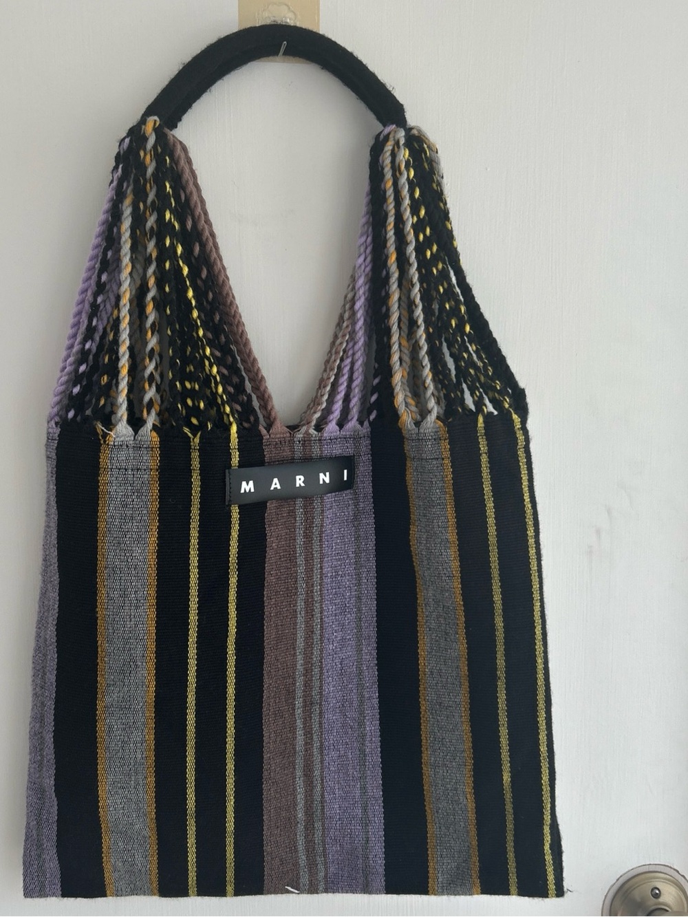 Marni Striped Knit Tote in Black, Purple and Brown with Yellow Accents